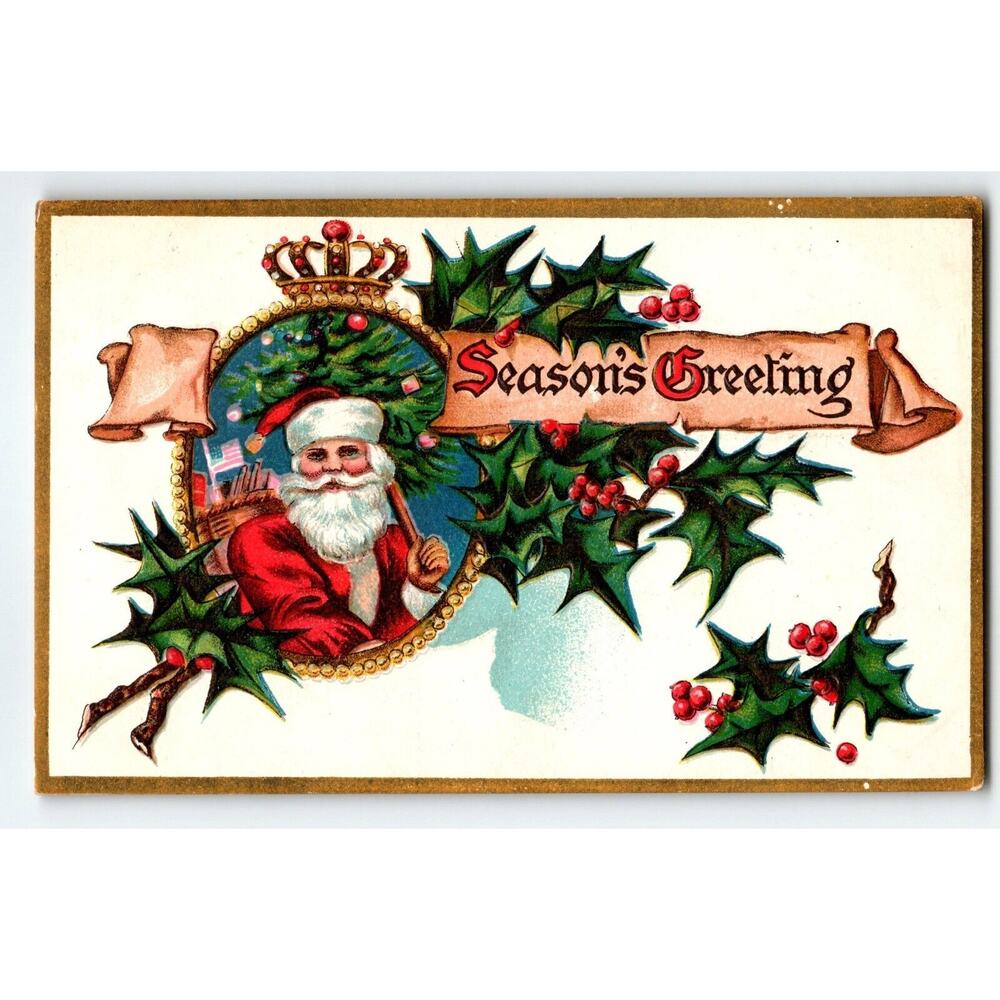 Santa Claus Christmas Postcard Saint Nick Wreath Decoration Toy Sack Vintage